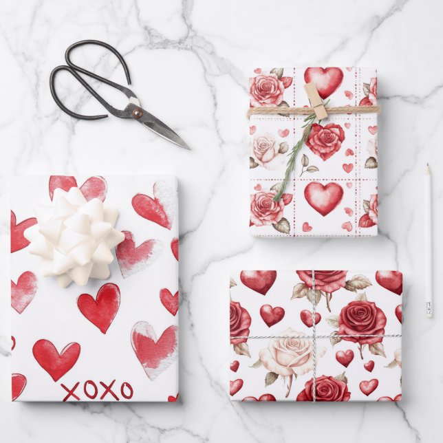 Red Hearts XOXO Love Valentine's Day Romance Wrapping Paper Sheets (Front)