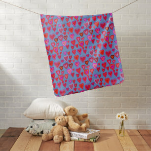 Red hearty design blue background baby blanket