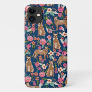 Red Heeler Dog Vintage Florals Navy Iphone 11 Case by FriendlyPets at Zazzle