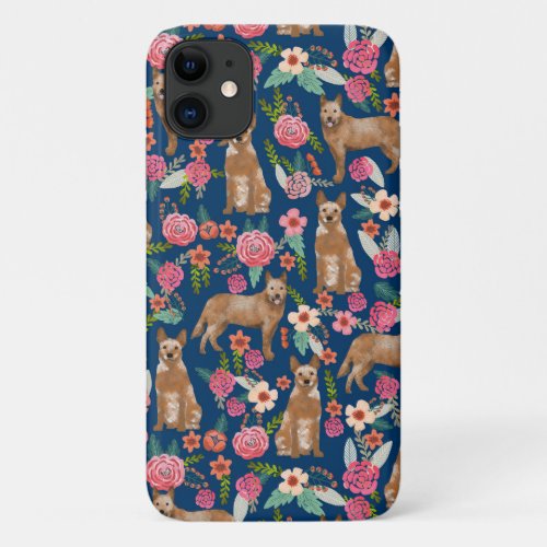 Red Heeler dog vintage florals navy iPhone 11 Case