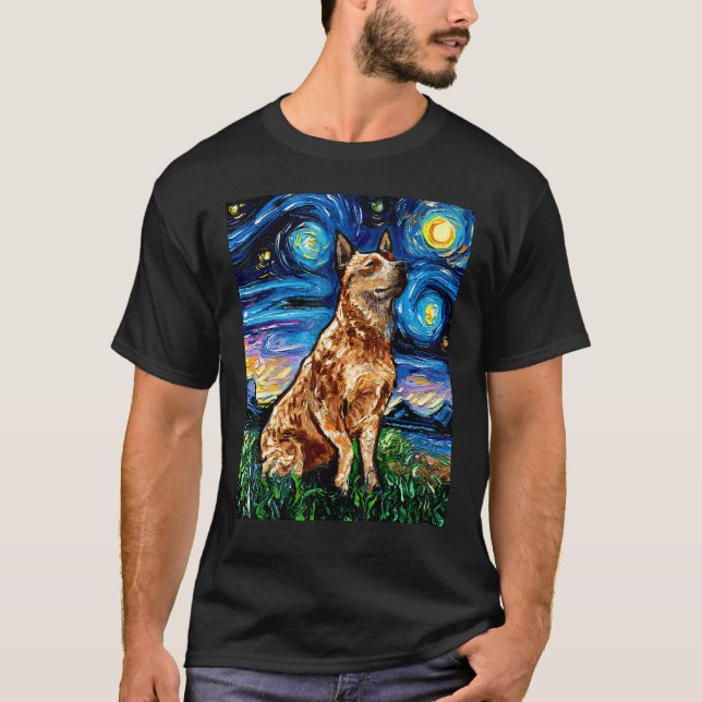 Red Heeler Starry Night Cattle Dog Colorful Art by T-Shirt (Front)