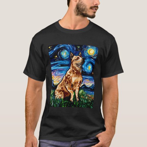 Red Heeler Starry Night Cattle Dog Colorful By Aja T_Shirt