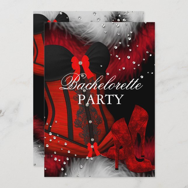 Red Heels Feather Lace Corset Bachelorette Party 2 Invitation (Front/Back)
