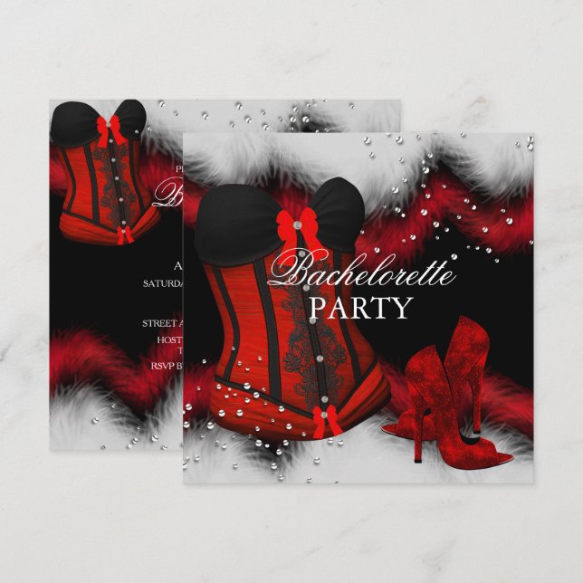 Red Heels Feather Lace Corset Bachelorette Party 3 Invitation (Front/Back)