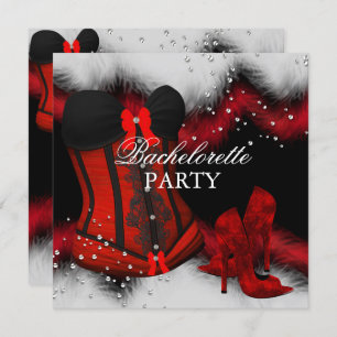 Red Heels Feather Lace Corset Bachelorette Party 3 Invitation