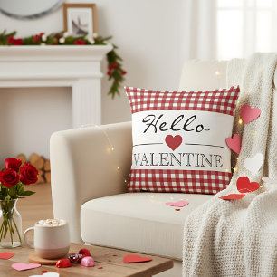 Red Hello Valentine Plaid Gingham Throw Pillow