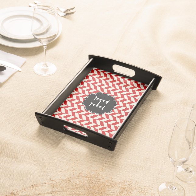 Red Herringbone Chevron Pattern with Monogram Serving Tray (Front)