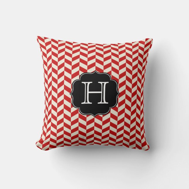 Red Herringbone Chevron Pattern with Monogram Throw Pillow (Front)