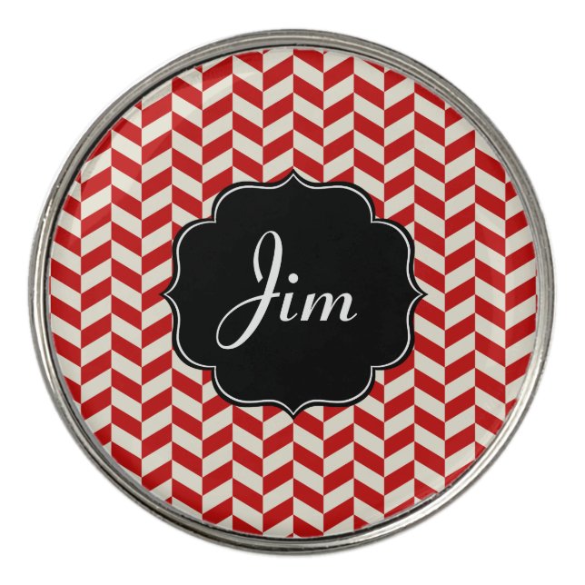 Red Herringbone Chevron with Custom Monogram Golf Ball Marker (Front)