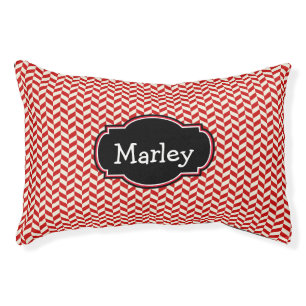 Red Herringbone Pattern with Pet Name Pet Bed