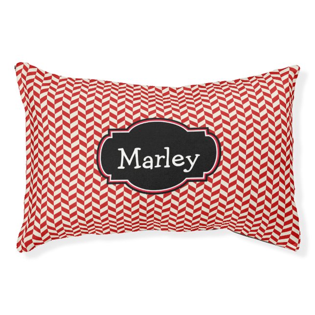 Red Herringbone Pattern with Pet Name Pet Bed (Front)