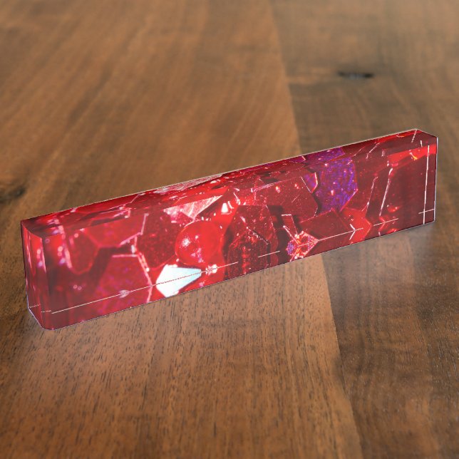 Red hexagon abstract shiny glitter pattern desk name plate (Side)
