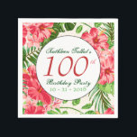Red Hibiscus 100th Birthday Party Paper Napkin<br><div class="desc">Classic and elegant seamless pattern design made of red Hibiscus flowers and leaves with three half transparent square tags for your text. Customizable 100th birthday party paper napkin. You can easily change text (font, color, size and position), change transparency of the tags (copy or delete one of them) and change...</div>