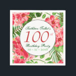 Red Hibiscus 100th Birthday Party Paper Napkin<br><div class="desc">Classic and elegant seamless pattern design made of red Hibiscus flowers and leaves with three half transparent square tags for your text. Customizable 100th birthday party paper napkin. You can easily change text (font, color, size and position), change transparency of the tags (copy or delete one of them) and change...</div>