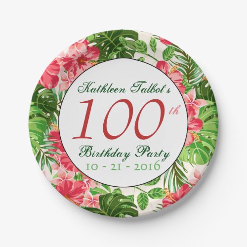 Red Hibiscus 100th Birthday Party Paper Plate