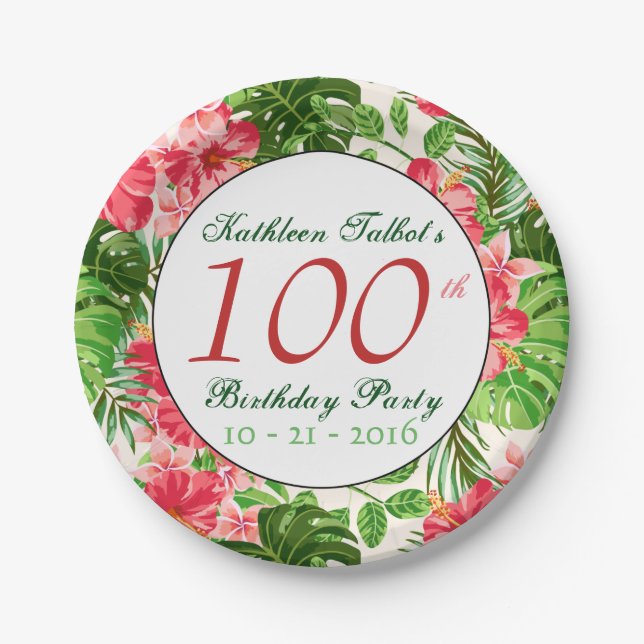 Red Hibiscus 100th Birthday Party Paper Plate (Front)