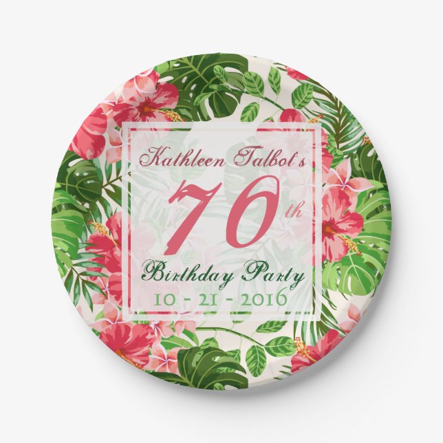 Red Hibiscus 70th Birthday Party Paper Plate (Front)