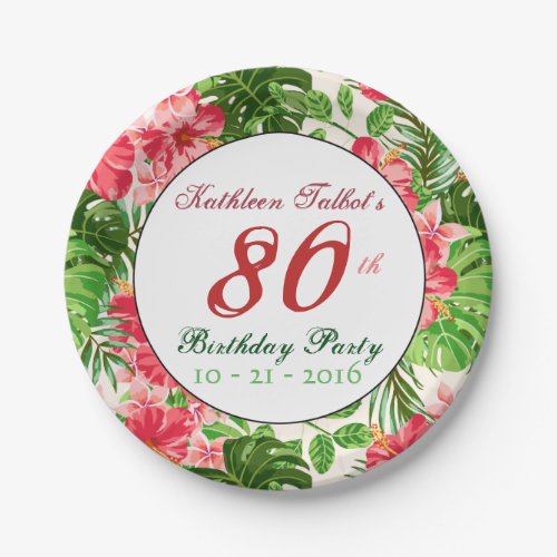 Red Hibiscus 80th Birthday Party Paper Plate