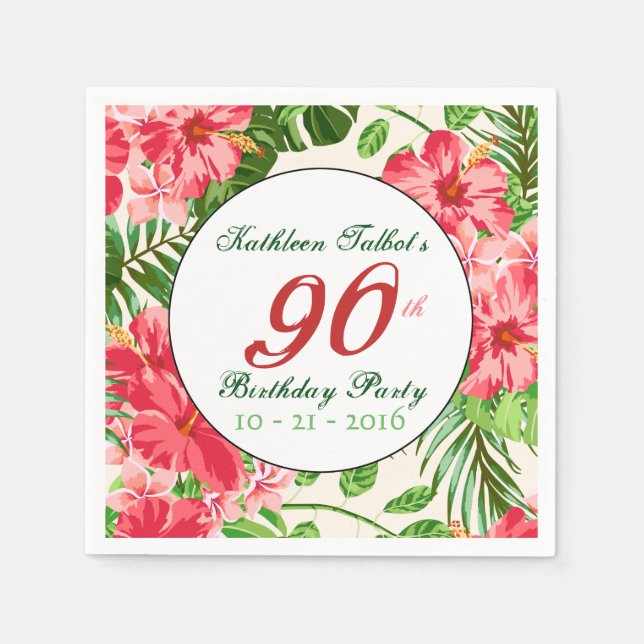 Red Hibiscus 90th Birthday Party Paper Napkin (Front)