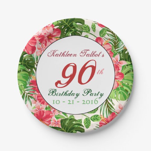 Red Hibiscus 90th Birthday Party Paper Plate