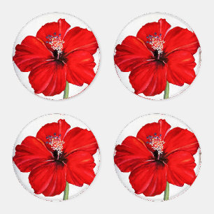 Red Hibiscus Acrylic Coaster Set (4) with Holder