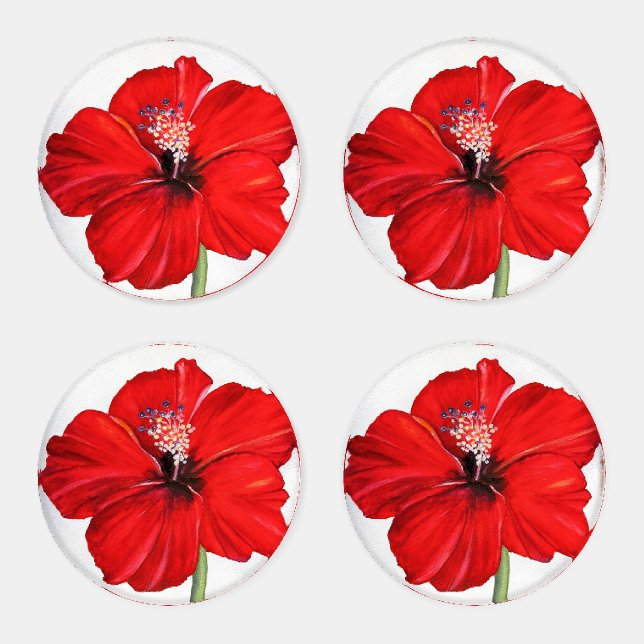 Red Hibiscus Acrylic Coaster Set (4) with Holder (Set)