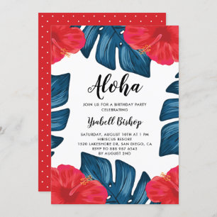 Red Hibiscus and Split Leaf Tropical Birthday Invitation