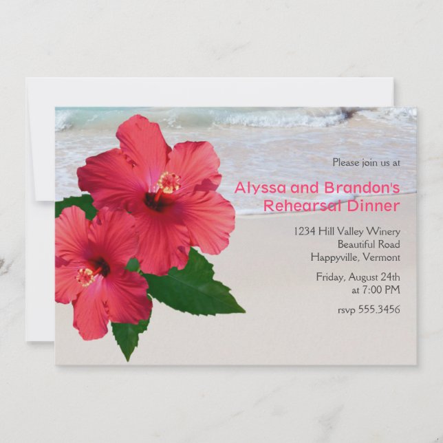Red Hibiscus Beach Wedding Rehearsal Dinner Invitation (Front)
