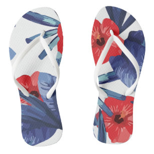 Red Hibiscus Blue Palm Leaves Flip Flops
