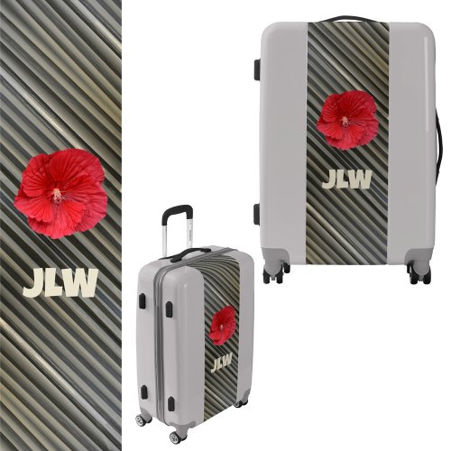 Red Hibiscus Bold Modern Smokey Gray Stripes Luggage