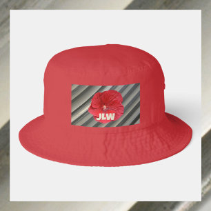Red Hibiscus Bold Modern Striped Smokey Gray Bucket Hat