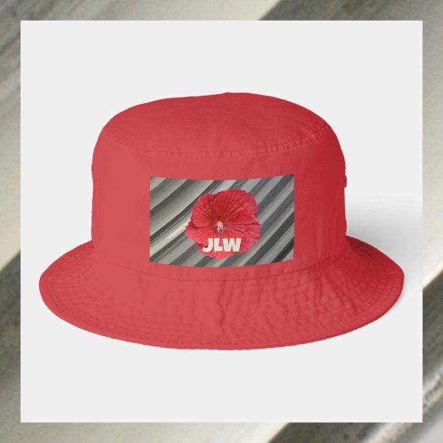 Red Hibiscus Bold Modern Striped Smokey Gray Bucket Hat (Creator Uploaded)