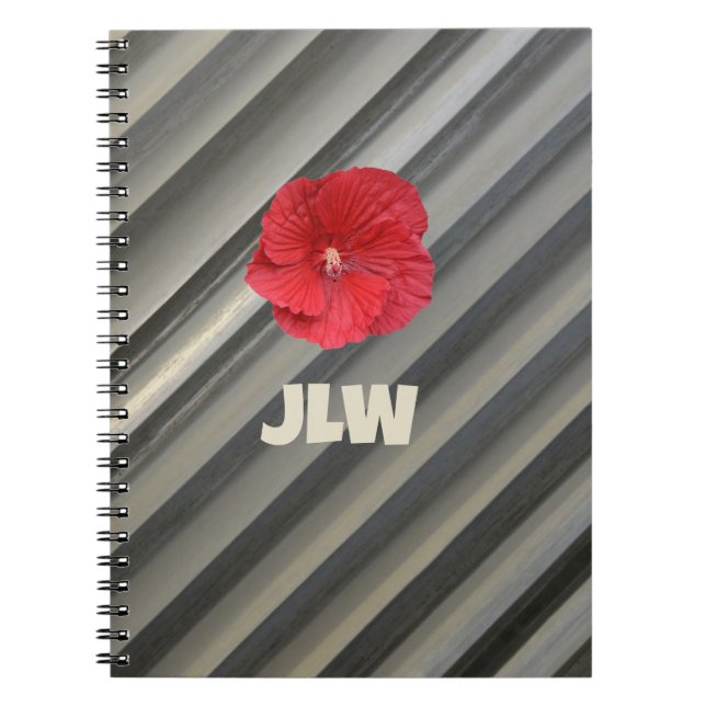 Red Hibiscus Bold Modern Striped Smokey Gray Notebook (Front)