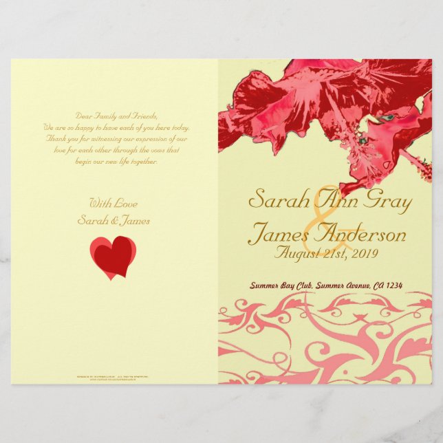 Red hibiscus brocade wedding program (Front)