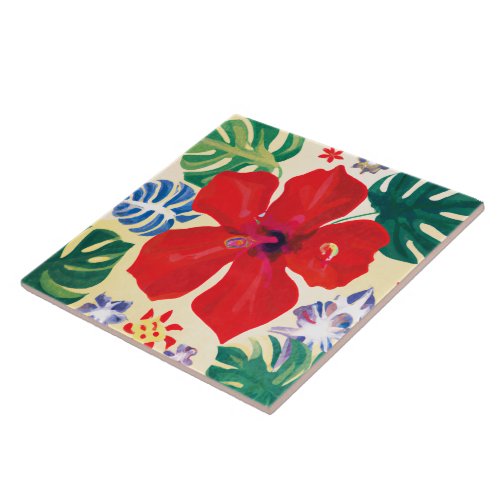Red hibiscus ceramic tile