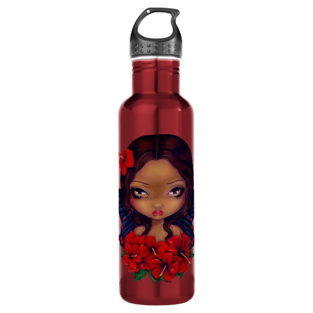 Red Hibiscus Fairy tiki tropical Water Bottle (Front)