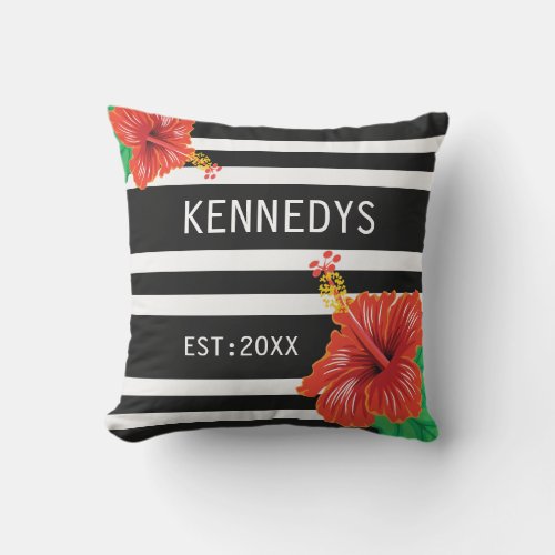 Red Hibiscus Family Name Black And White Striped   Outdoor Pillow