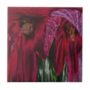 Red Hibiscus Floral Abstract Art Tile
