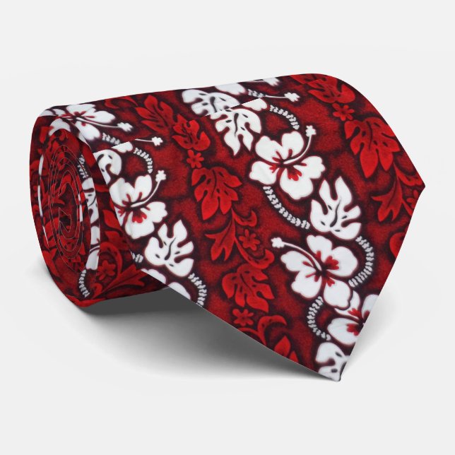 Red Hibiscus Floral Hawaii Island Beach Wedding Neck Tie (Rolled)