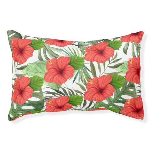 Red Hibiscus Floral Palm Leaves  Pet Bed