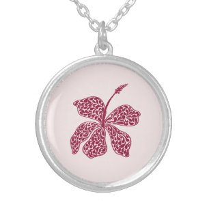 Red Hibiscus Floral Pattern Silver Plated Necklace