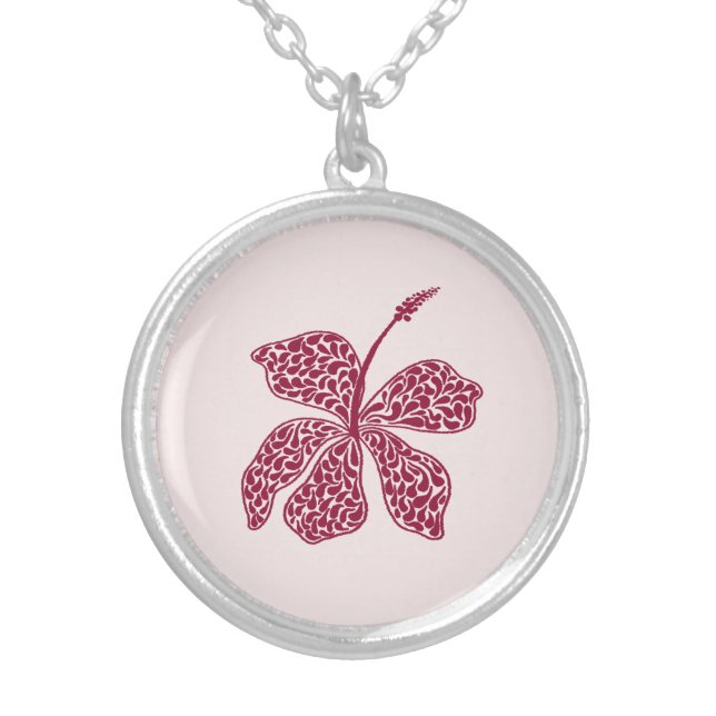 Red Hibiscus Floral Pattern  Silver Plated Necklace (Front)