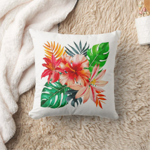 Red Hibiscus flower and Monstera leaves Throw Pillow