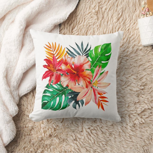 Red Hibiscus flower and Monstera leaves Throw Pillow (Blanket)