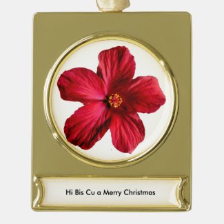 Red Hibiscus Flower Banner Gold Plated Ornament