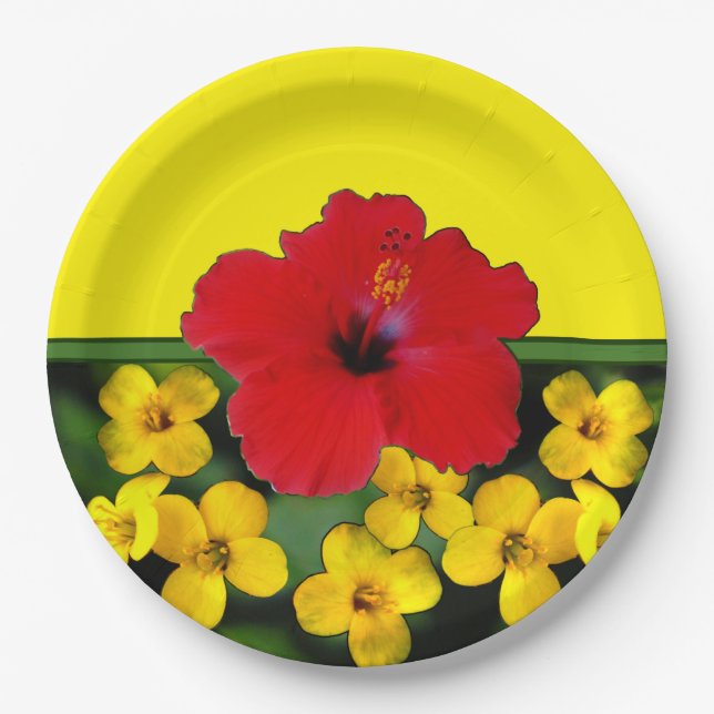 Red Hibiscus Flower Bouquet Paper Plates (Front)