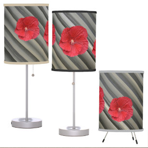 Red Hibiscus Flower Gray Striped Modern Botanical Table Lamp
