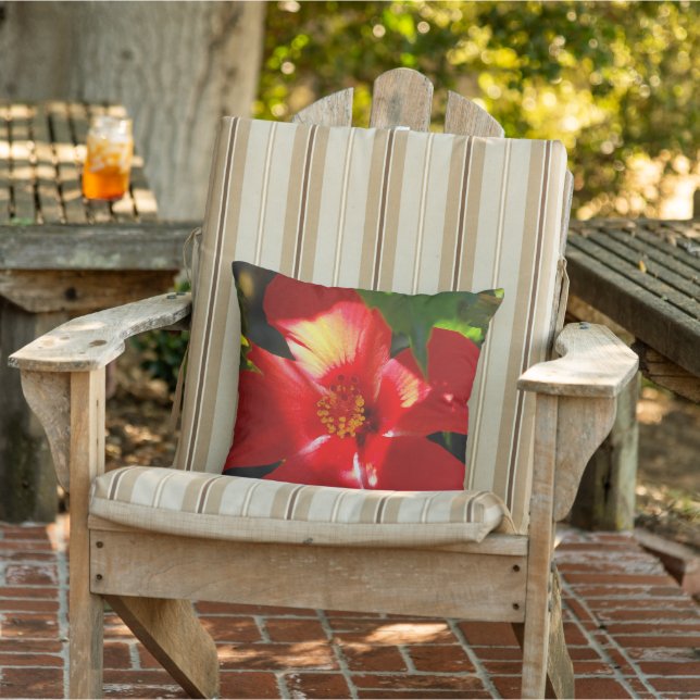 Red Hibiscus Flower in Sunlight Outdoor Pillow (Chair)