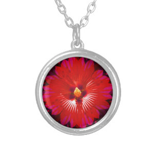 Red Hibiscus Flower Kaleidoscope,   Silver Plated Necklace