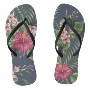 Red Hibiscus Flower Leaves Dark Background Flip F Flops